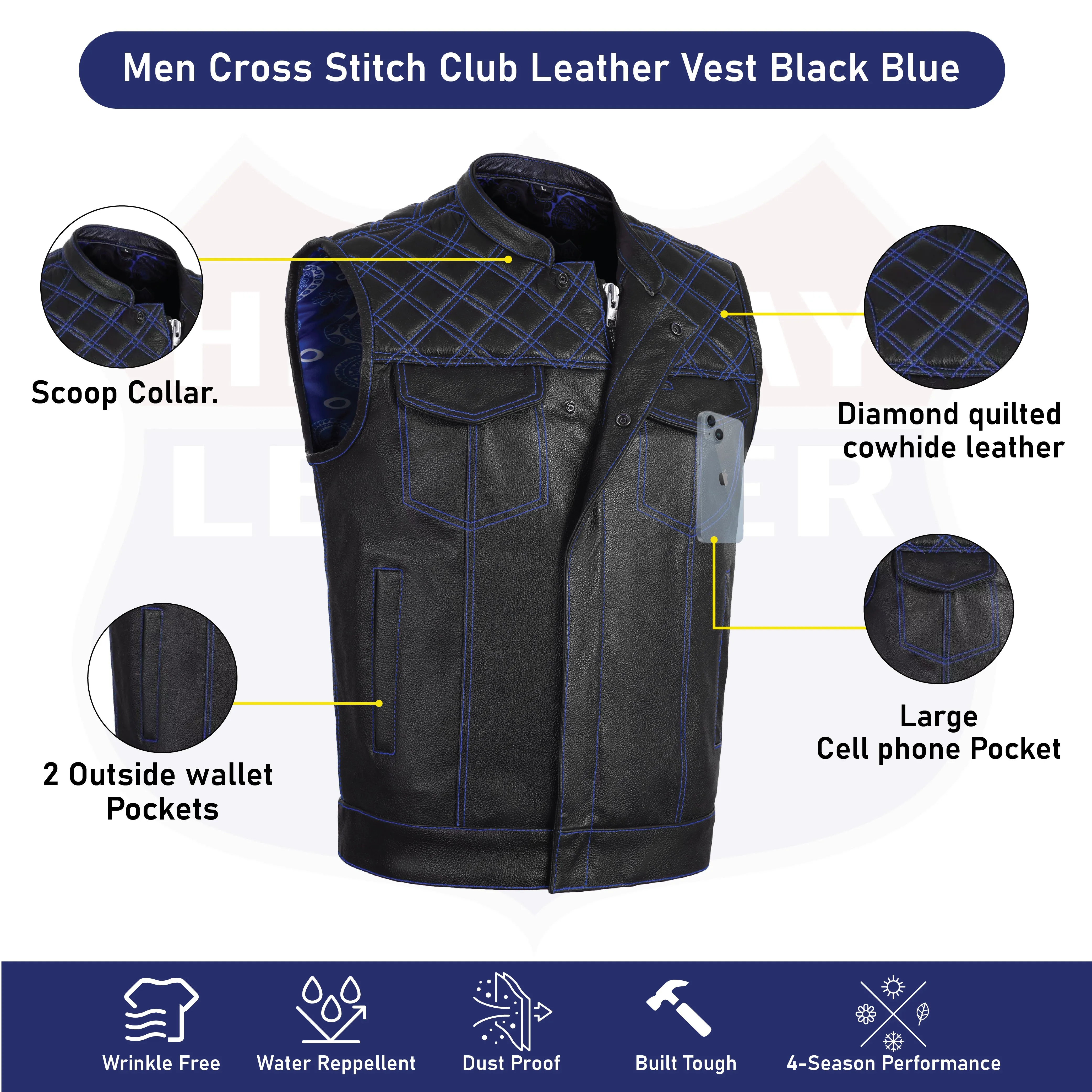 BLUE HL11693SPTBLUE  Black Men Cross Stitch Club Leather Vest