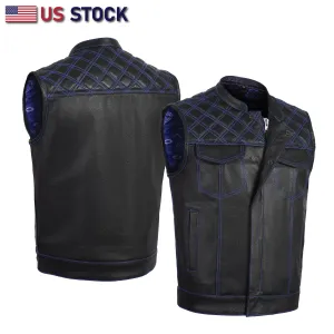 BLUE HL11693SPTBLUE  Black Men Cross Stitch Club Leather Vest
