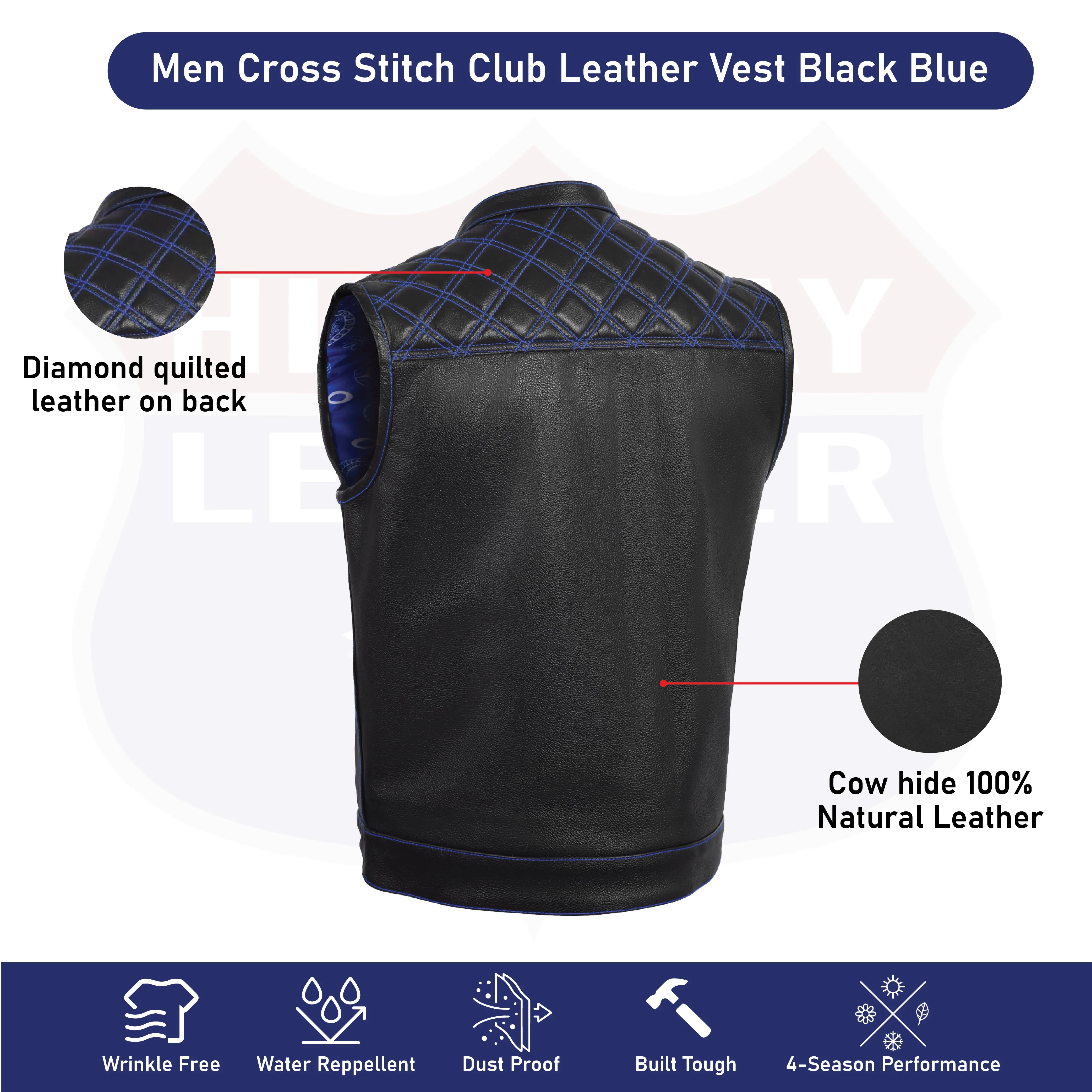 BLUE HL11693SPTBLUE  Black Men Cross Stitch Club Leather Vest