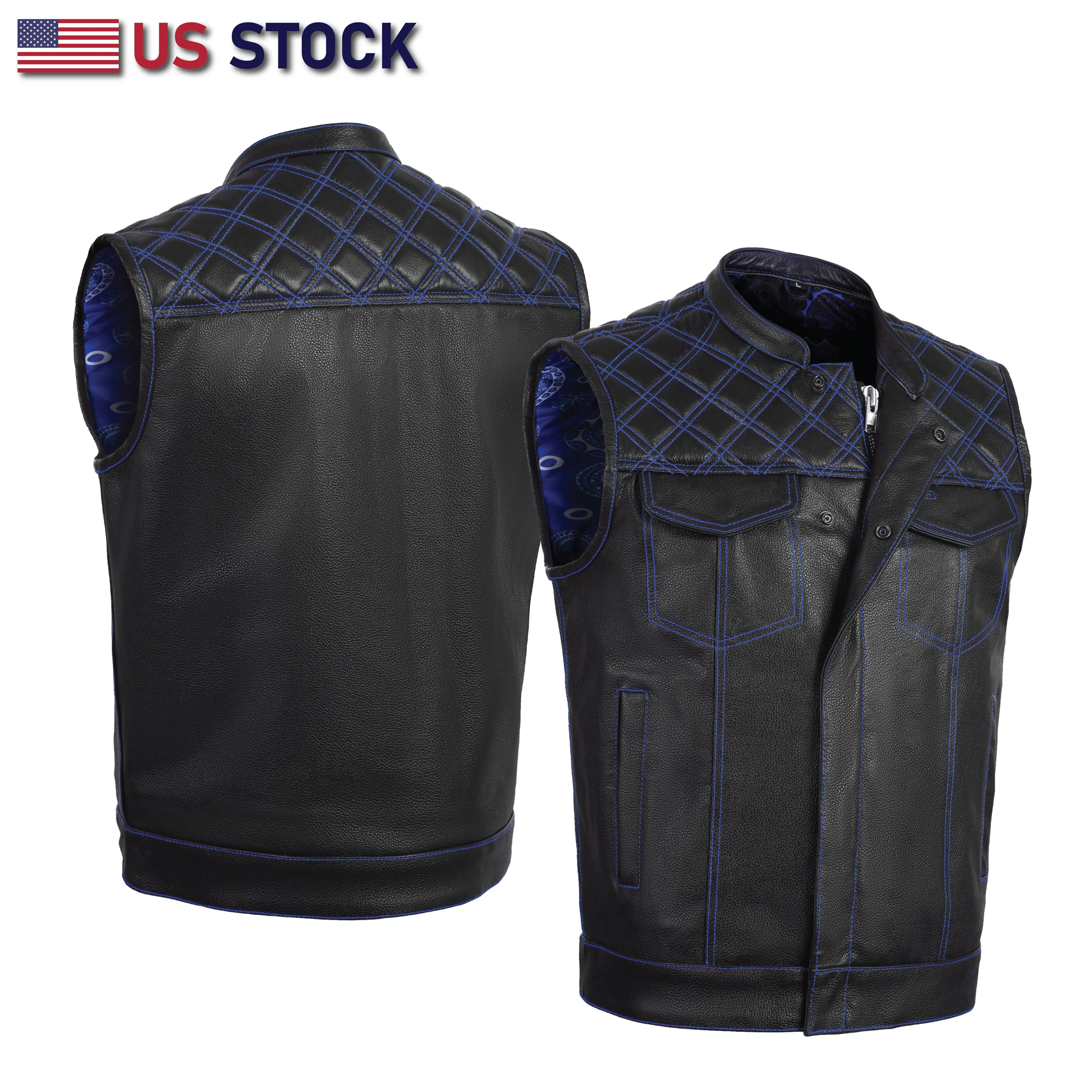 BLUE HL11693SPTBLUE  Black Men Cross Stitch Club Leather Vest