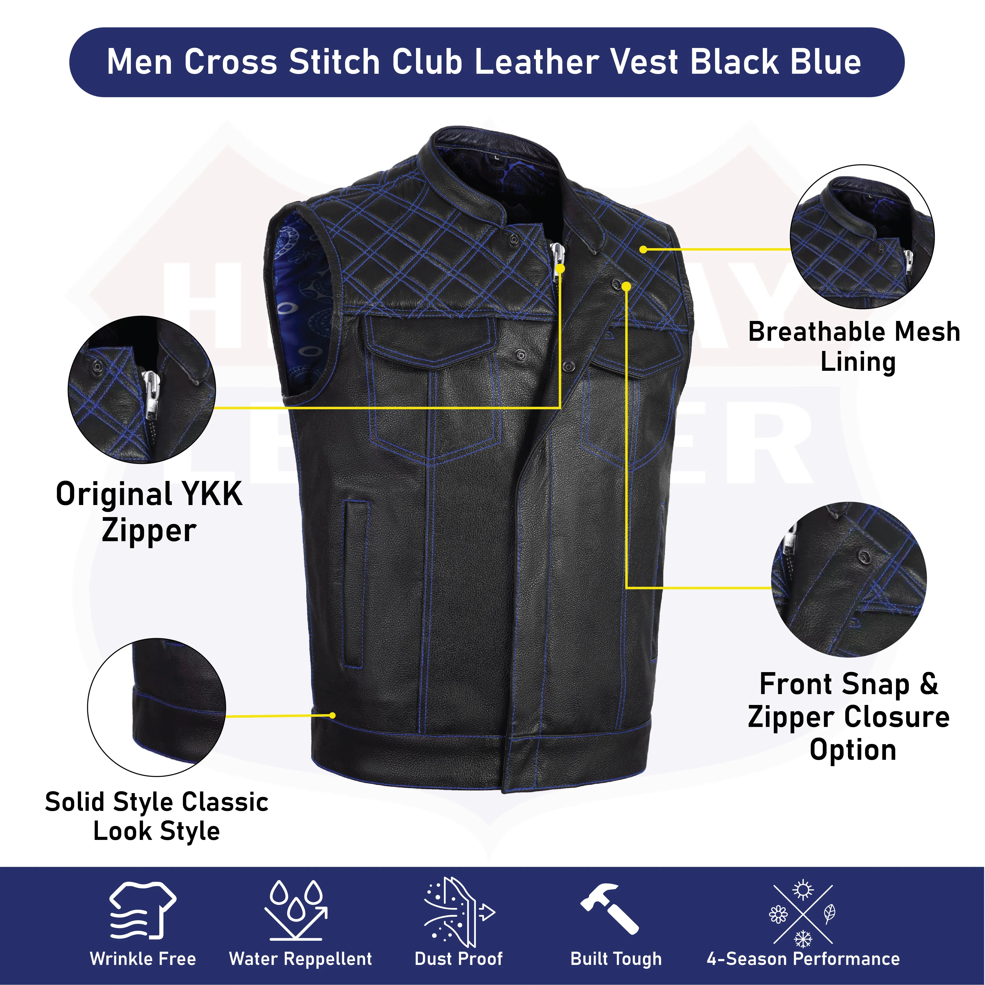 BLUE HL11693SPTBLUE  Black Men Cross Stitch Club Leather Vest