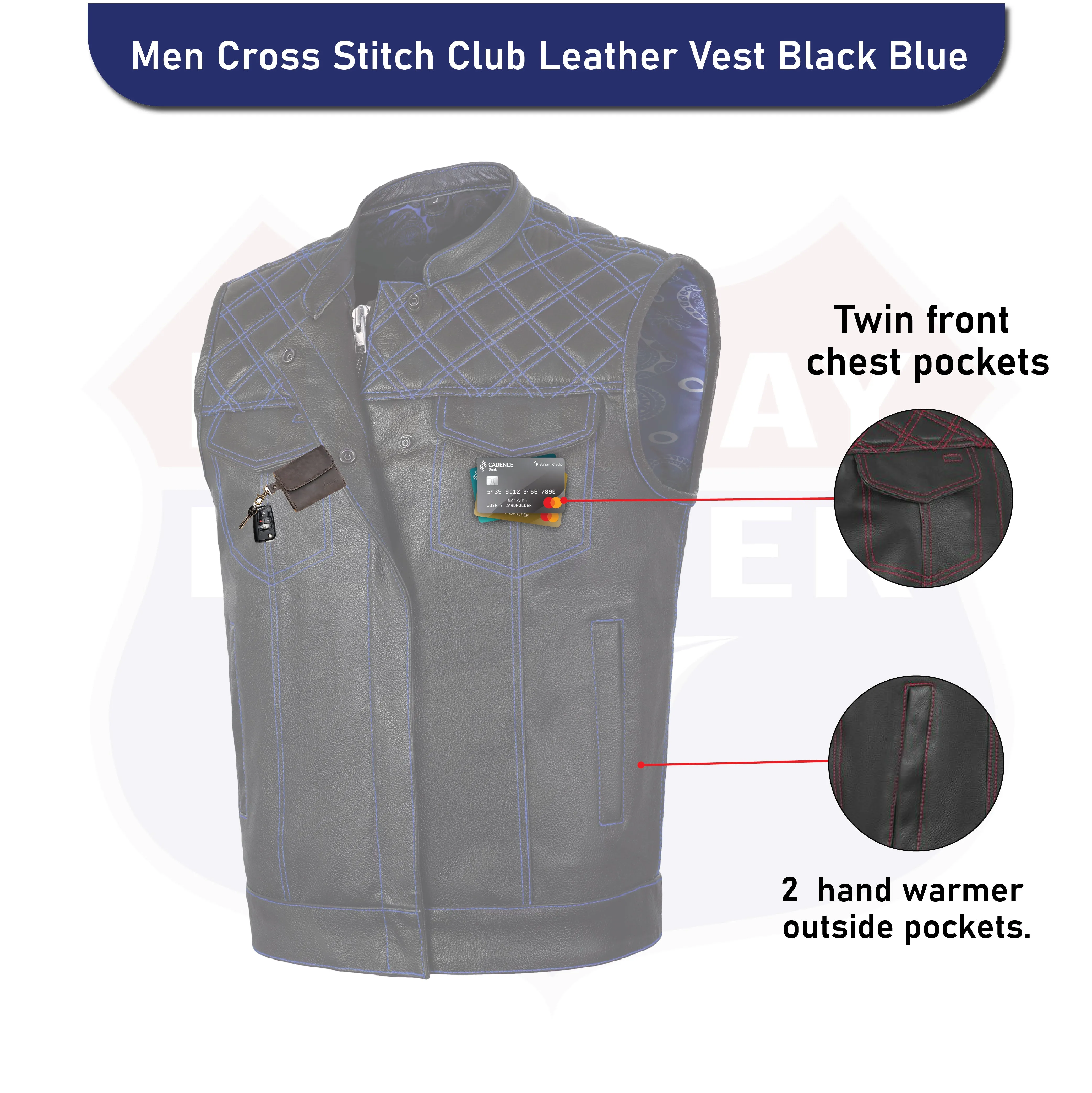 BLUE HL11693SPTBLUE  Black Men Cross Stitch Club Leather Vest