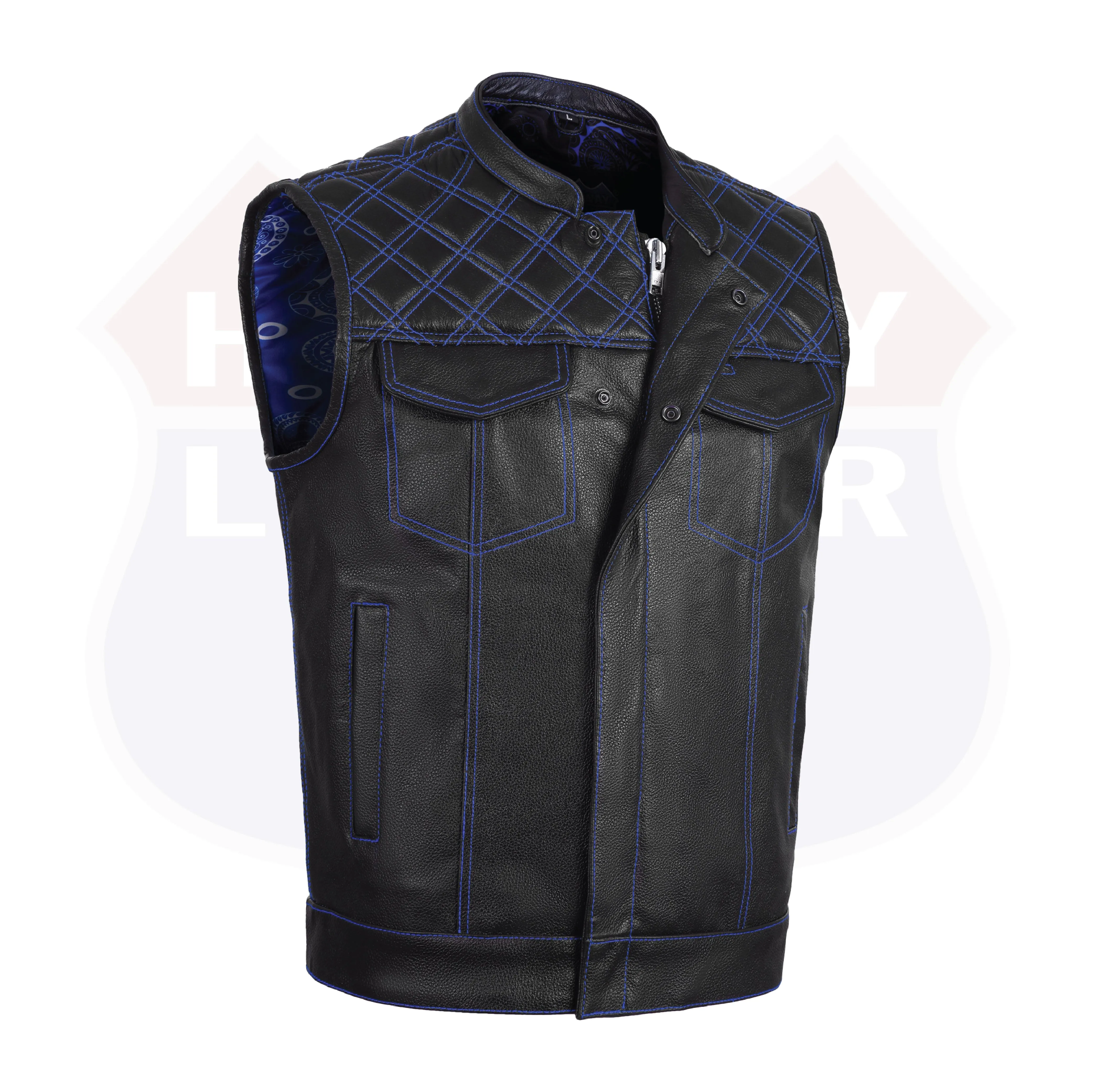 BLUE HL11693SPTBLUE  Black Men Cross Stitch Club Leather Vest