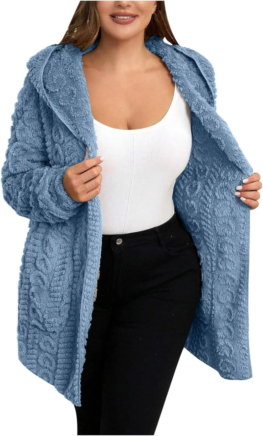 Finelylove Winter Coats for Women 2024 Fuzzy Fleece Hoodie Mid Length Soft Sherpa Cardigan Sweater Trendy Teddy Bear Coats