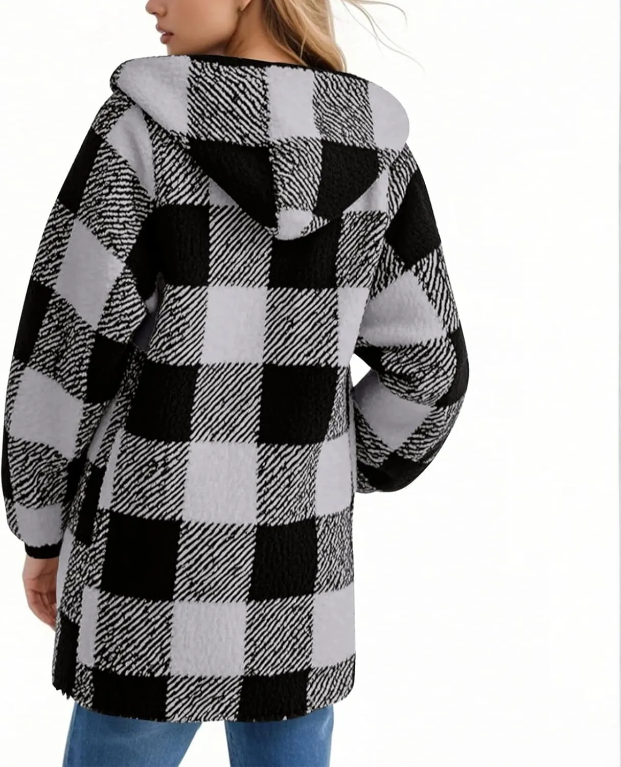 Flannel Plaid Shacket Women Plus Size Zip Up Hooded Jacket Casual Long Sleeve Sherpa Winter Coats with Pocket