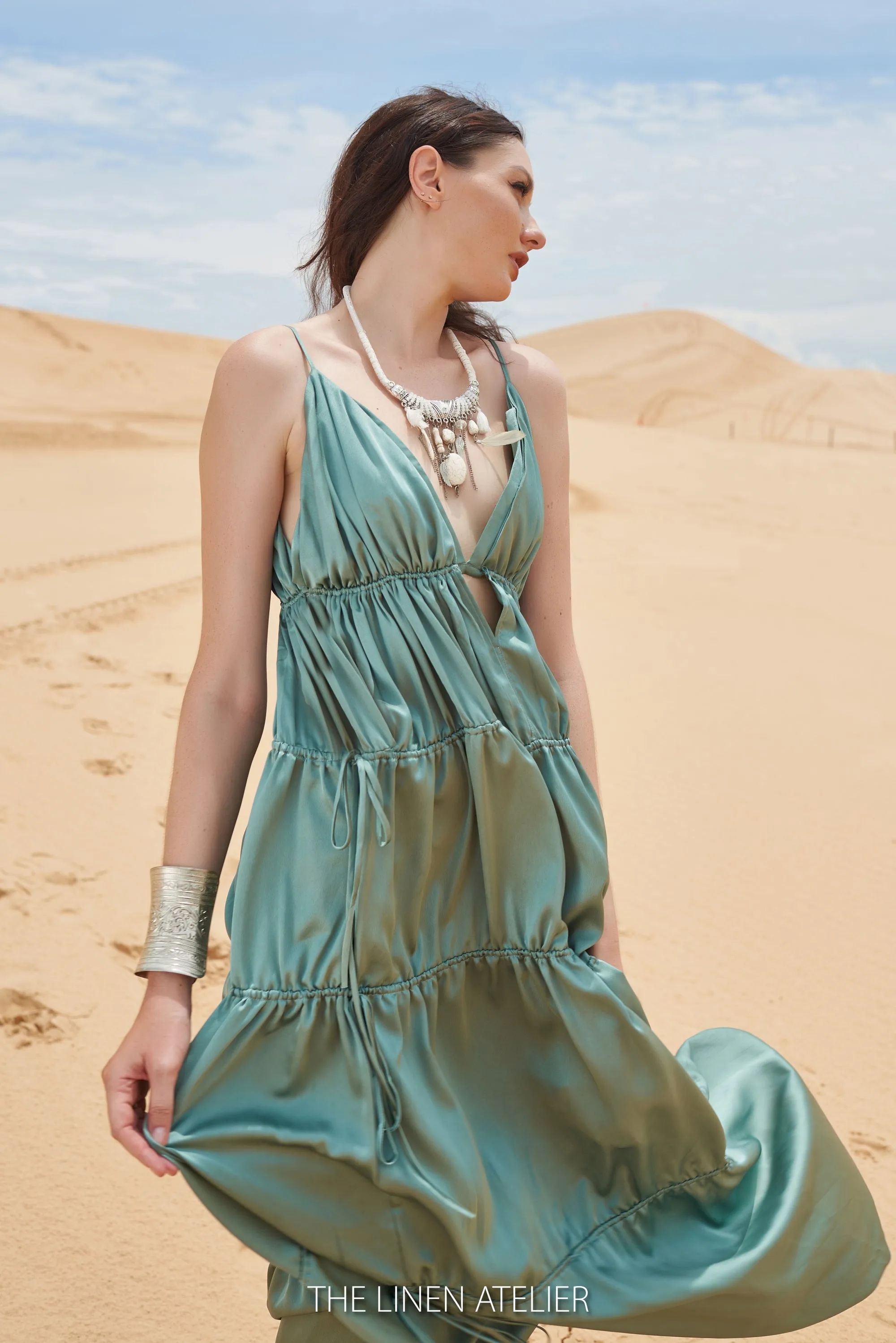 MARGOT Ruffle Trim Plunging Neck Dress