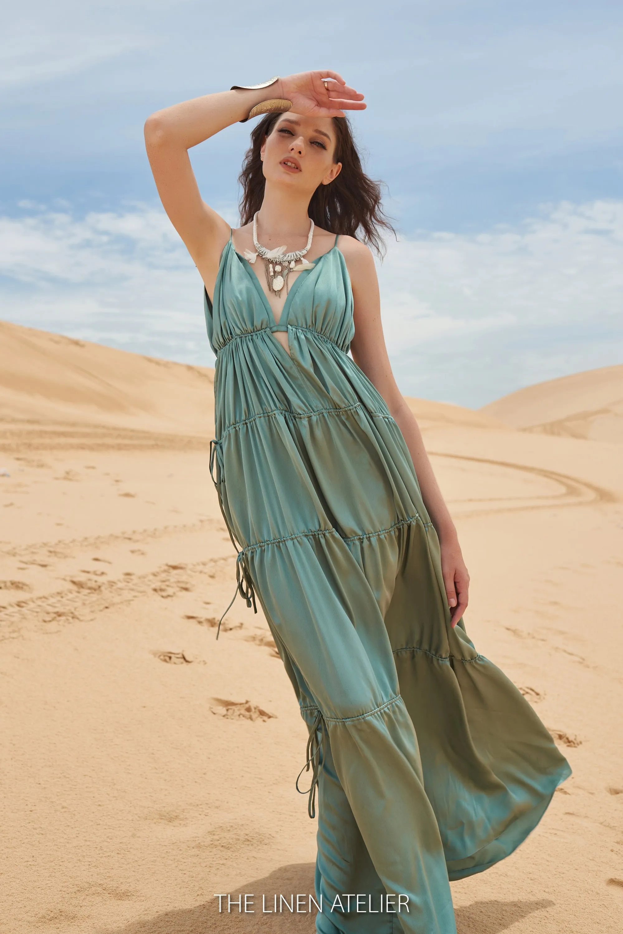 MARGOT Ruffle Trim Plunging Neck Dress