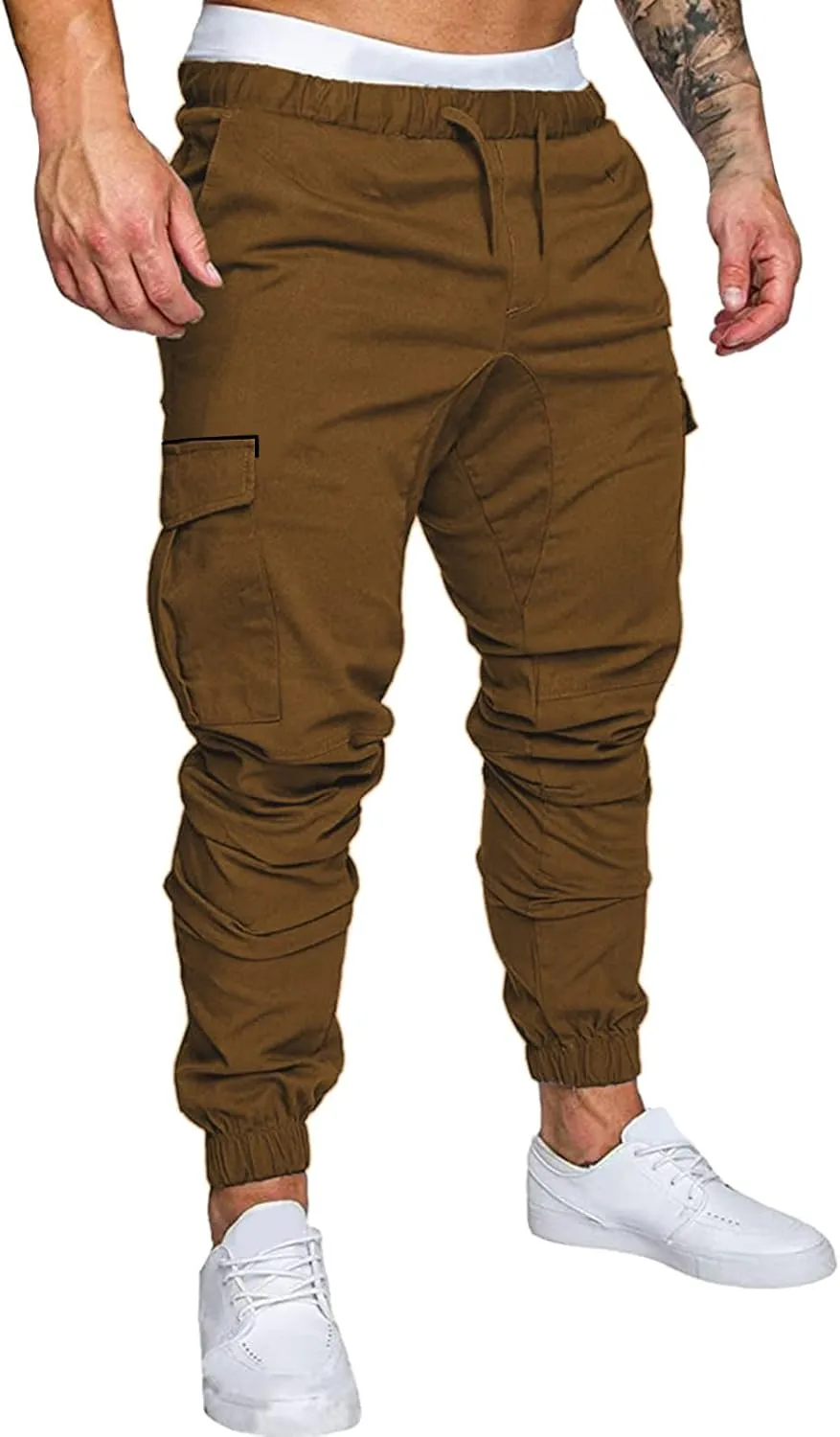 Mens Workout Cargo Sweatpants Pro-Active Performance Fleece Cargo Sweatpants Relax Fit Bungee Cord Open Bottom Mens