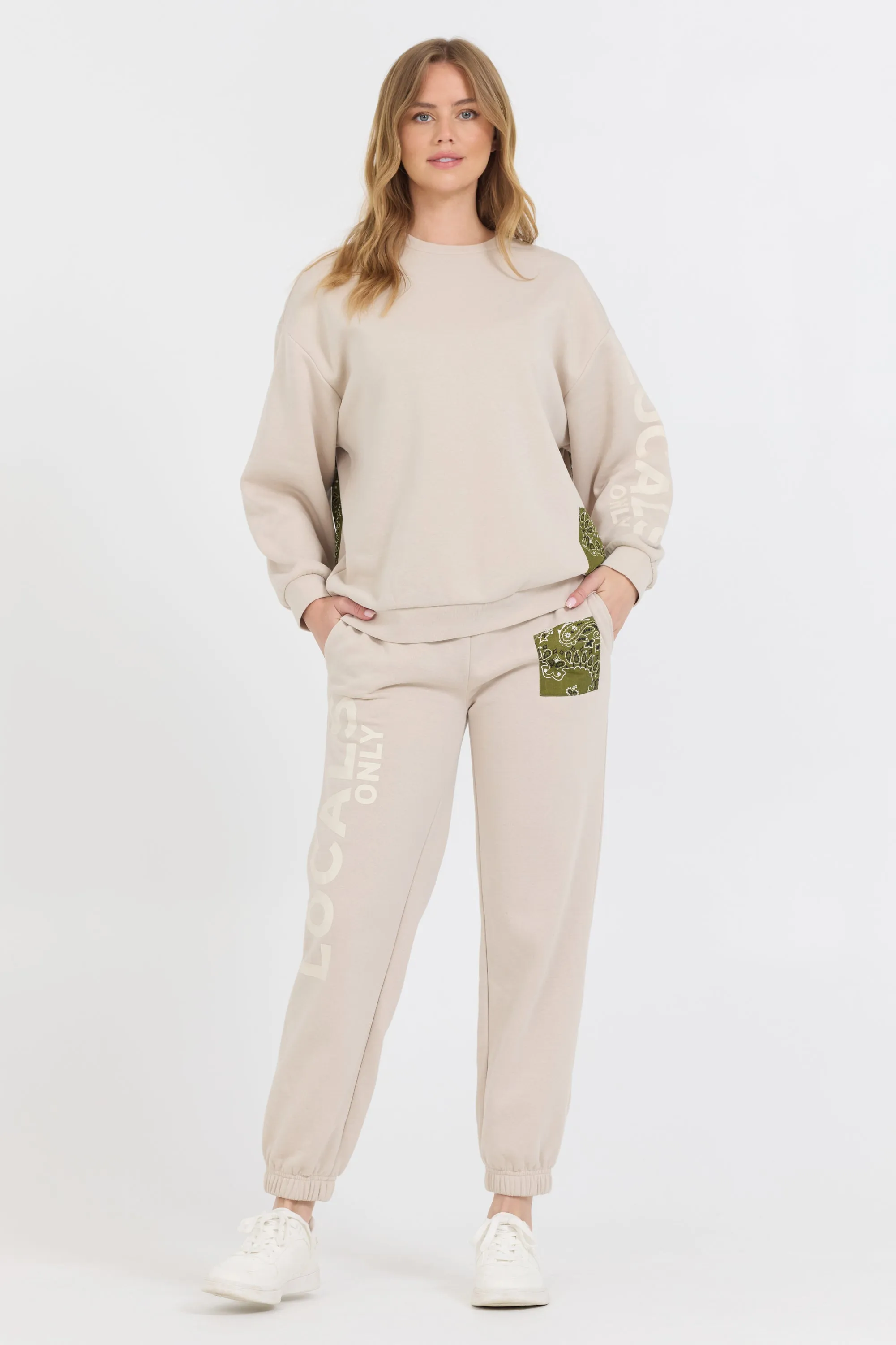 Neutral Taupe/ Olive/ Tan Bandana Patch Jogger